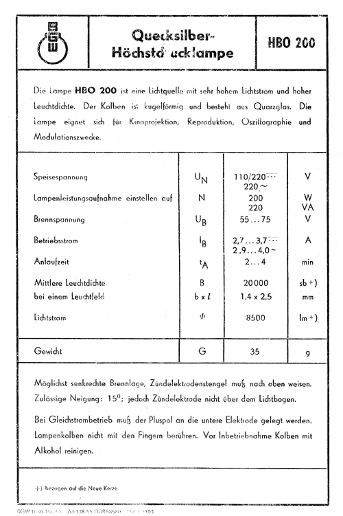 BGW HBO 200  Datenblatt